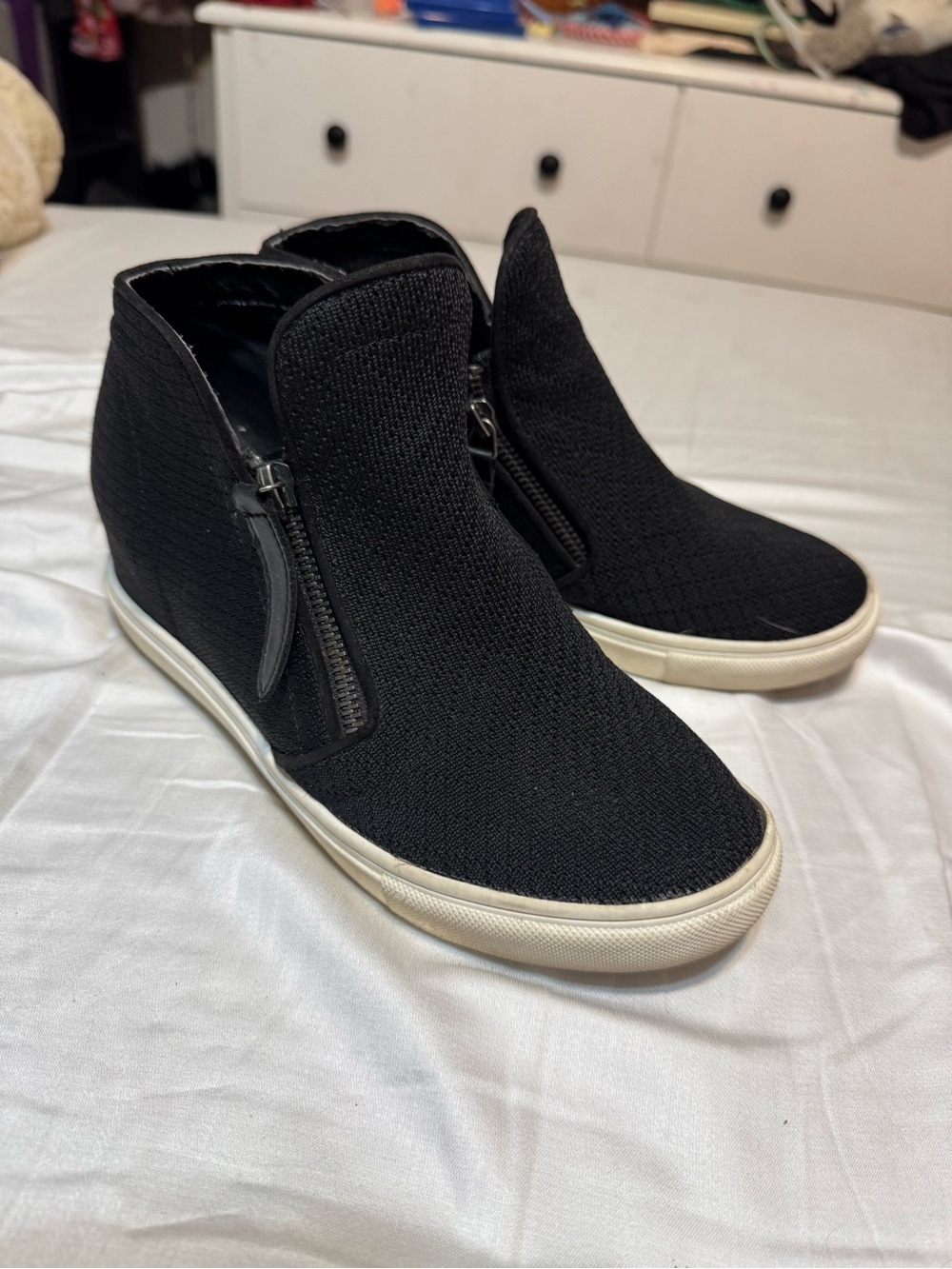 Steve Madden Black Knit Wedge Sneakers with White Sole and Side Zipper